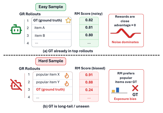 Figure 1: 均匀施加奖励的两种失败模式。(a) 简单样本：ground truth 已排在 rollout 前列，奖励聚集、GRPO 优势被 RM 噪声淹没；(b) 困难样本：ground truth 是长尾/未曝光物品，曝光偏置导致 RM 把流行干扰项排在 ground truth 之上，把策略推向错误方向。