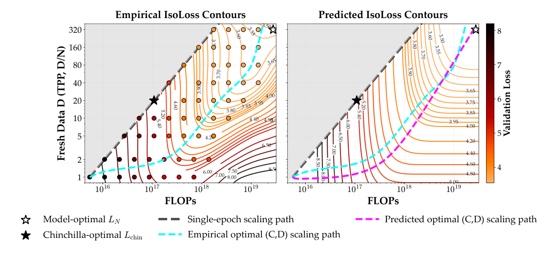 Figure 6: (C,D) loss 曲面上的最优 compute-data 分配。左：1-epoch compute-optimal 训练让 C 与新鲜数据 D 成比例增长，把 (C,D) loss 曲面压缩成一条射线（黑）；等高线表明 C 的小幅增加就能显著降 loss。沿最陡下降方向追踪，经验最优 scaling 路径（青）在数据稀缺区偏好先扩算力，然后同时扩数据与算力。右：本文 CD-scaling law 预测的最优路径。