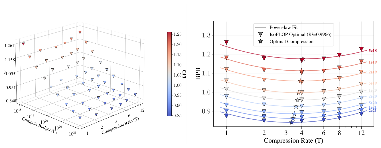 Figure 5: latent tokenized 模型每个 $(C, T)$ 配置上取得的 optimal loss
