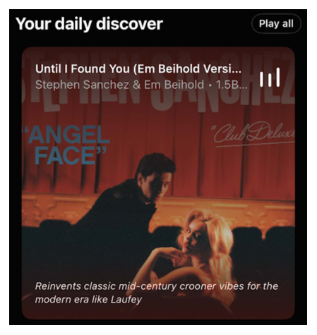 Figure 1: YouTube Music app 中「Your daily discover」位的示例。底部斜体文字给出针对该推荐曲目的个性化理由