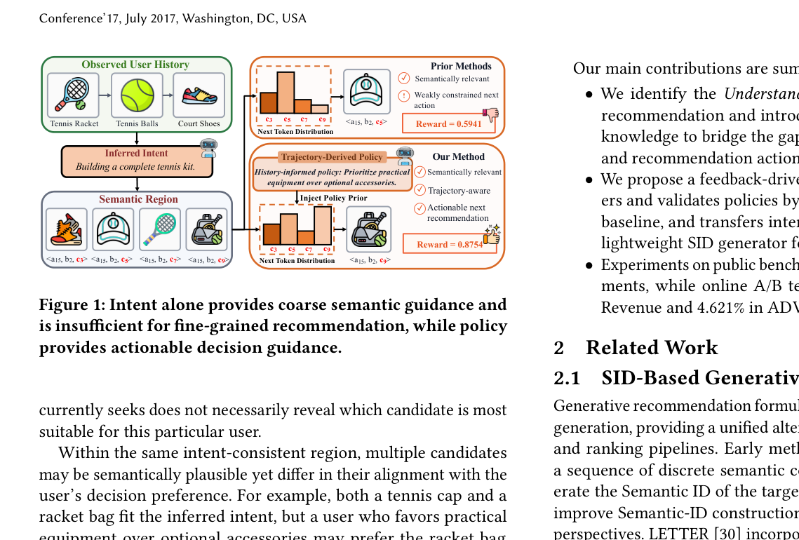 Figure 1: Intent alone provides coarse semantic guidance and is insufficient for fine-grained recommendation, while policy provides actionable decision guidance.