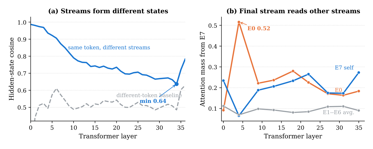 Figure 6: 中间 stream 形成 final stream 可读取的状态(Qwen3-8B-Base + HD, n=8)。(a) 同 token 各 stream 在 Transformer 内分离、临近末层部分靠拢,虚线为 different-token 基线。(b) final stream E7 对其他 stream(尤其 E0)分配显著注意力,显示从中间 stream 到预测的读取通路。