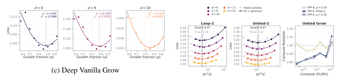 Figure 10 (c,d): Deep Vanilla Grow timing sweeps, and loss versus 6T²/C for tied and untied growth plus the Untied-Grow prescription ablation.