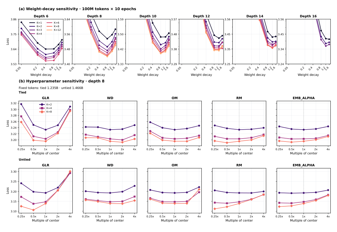 Figure 23: Hyperparameter sensitivity to stored depth and recurrence. (a) Weight-decay sweeps under 100M × 10 epochs per stored depth; (b) fresh-data sweeps at d8 with two, four, and eight passes for tied and untied models.