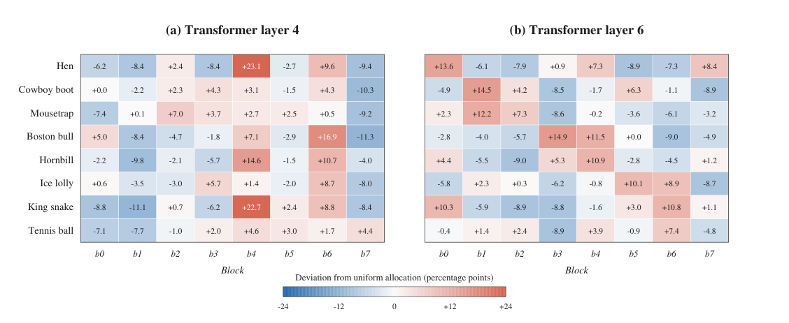 Figure 5: Class-conditioned block routing for the same eight representative ImageNet-1K classes at Transformer layers 4 and 6. Each cell shows the token-assignment proportion for a class and block minus the uniform allocation of 12.5%, in percentage points.