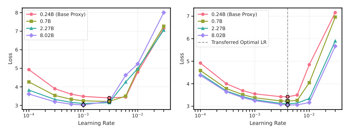 Figure 9: Comparison of learning rate transferability under SP and μP across dense models of increasing width.