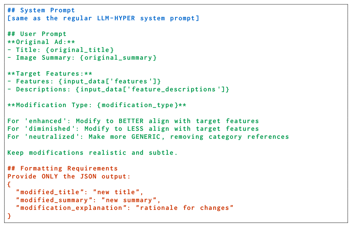 Figure 7: Prompt for generating counterfactual Ad modifications.