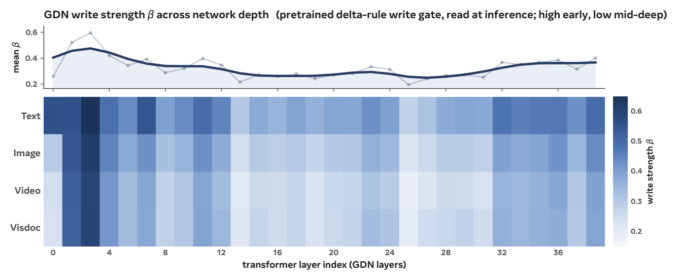 Figure 13: The GDN write strength is depth-structured — tokens write strongly in the early blocks and weakly through the middle-to-deep blocks.