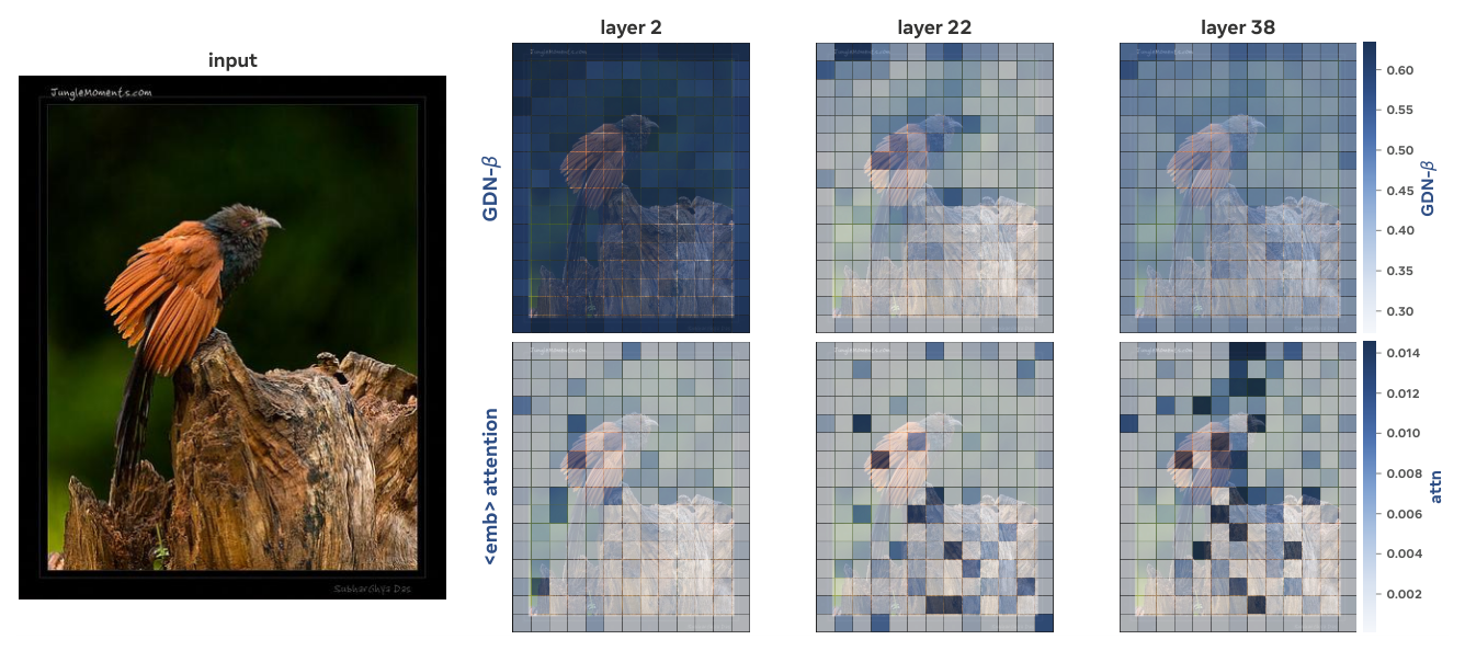 Figure 15: Image — GDN-β vs. the <emb> attention at layers 2, 22, 38.