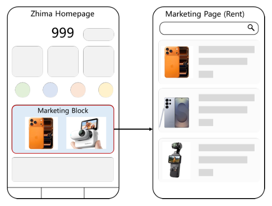 Figure 1: A demo of Zhima homepage marketing block recommendation