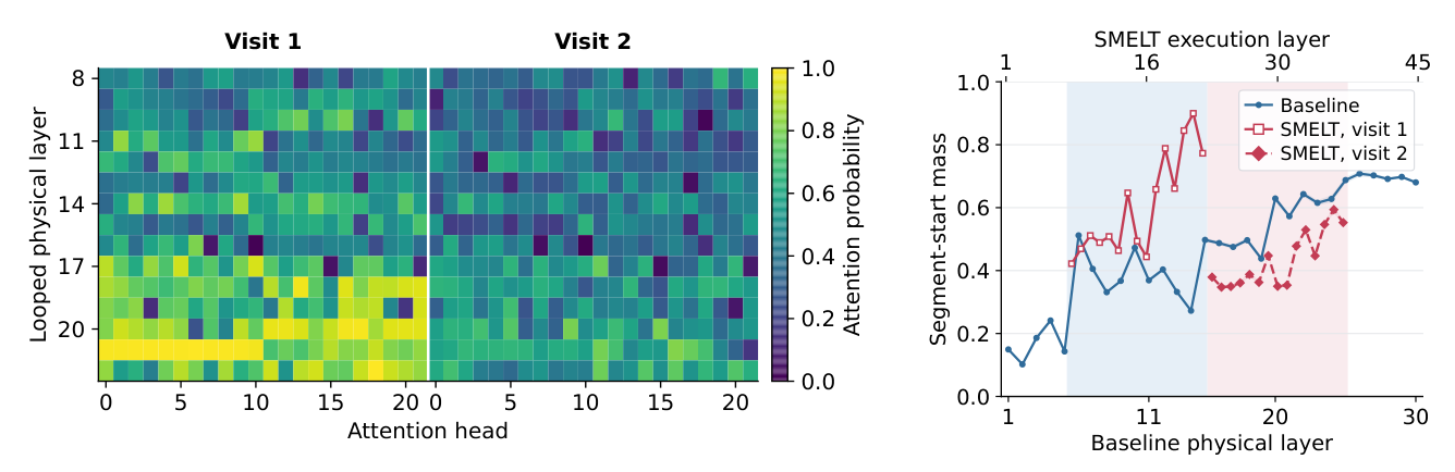 Figure 19 Segment-start attention mass (the attention sink) on the 1M-token held-out sample (S ≈ 85%). The second visit reduces the sink across nearly all heads and layers, running counter to the Baseline's depth trend at matched physical depth.