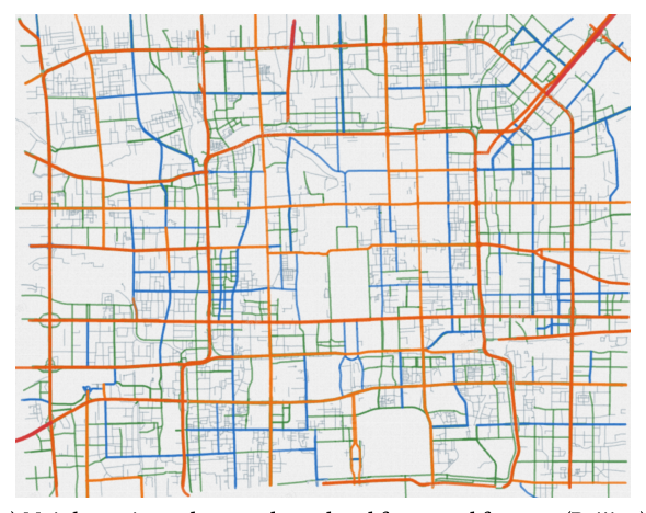Figure 8: Two complementary views of Beijing: the static road skeleton and the dynamic movement flow.