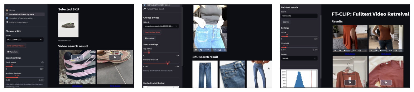 Figure 5: VCG 演示界面。左:场景 1(Product → Video)为选中的运动鞋检索内容;中:场景 2(Video → Product)为选中视频检索匹配的牛仔 SKU;右:场景 3(Text → Video)对查询 "Terracotta" 做 zero-shot 语义检索。