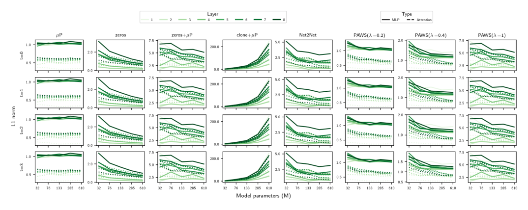 Figure 10: L1 norm of the layer activations across model sizes, for µP, SZP, Net2Net and the naive baselines.